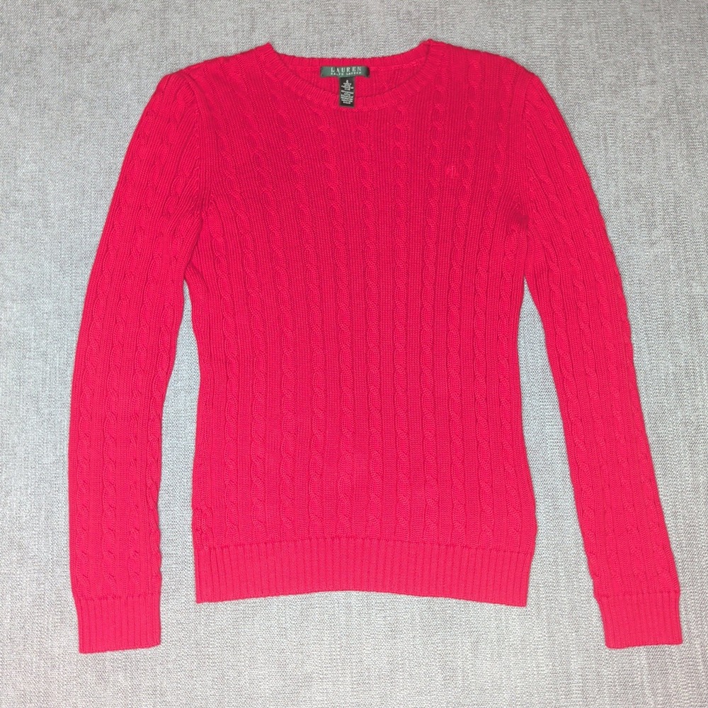 Lauren Ralph Lauren Womens Red Cable Knit Cotton Crew Neck Sweater Size S